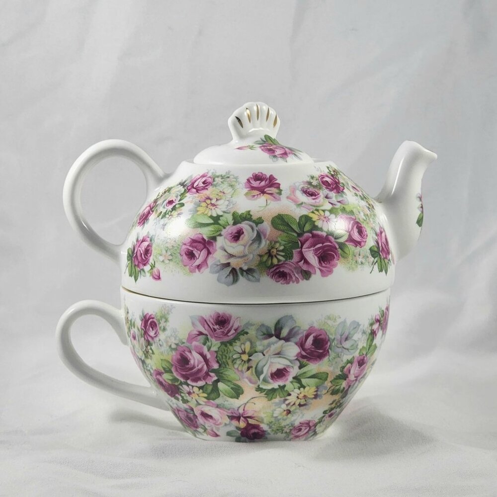 Vintage Crown Victorian Double Teapot Floral Rose Staffordshire Teacup Tea Pot